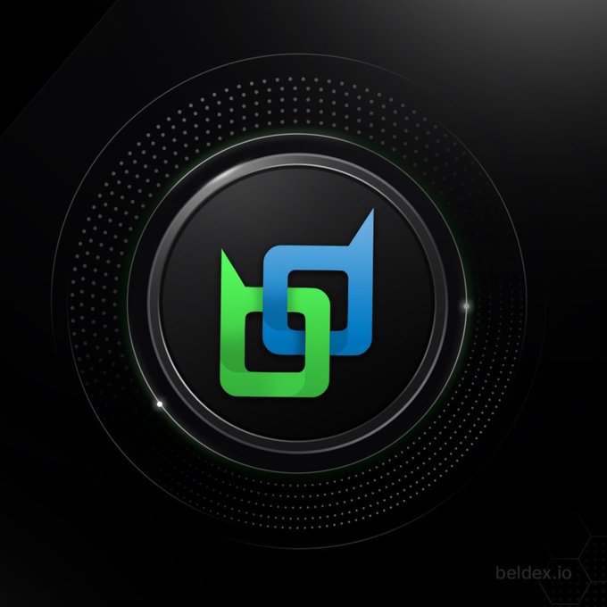 A 3D circular emblem with a black background featuring intertwined green and blue geometric shapes resembling stylized speech bubbles, with 'beldex.io' watermarked in the bottom right corner.