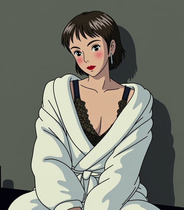 An anime-style illustration of a woman with short brown hair, red lipstick, and a white robe over a black lace top.