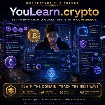 An advertisement for 'YouLearn.crypto' features a person looking at holographic displays explaining blockchain basics, cryptocurrency, NFTs, DeFi, and Web3, with text reading 'UNDERSTAND THE FUTURE' and 'CLAIM THE DOMAIN. TEACH THE NEXT WAVE.'