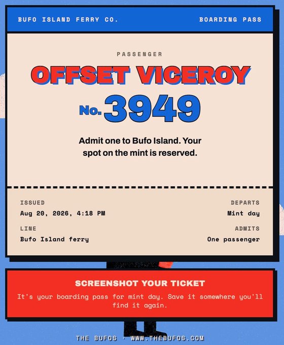 A 'Bufo Island Ferry Co.' boarding pass for passenger 'OFFSET VICEROY' No. 3949, issued Aug 20, 2026, with a red banner reading 'SCREENSHOT YOUR TICKET' and website www.thebufos.com.