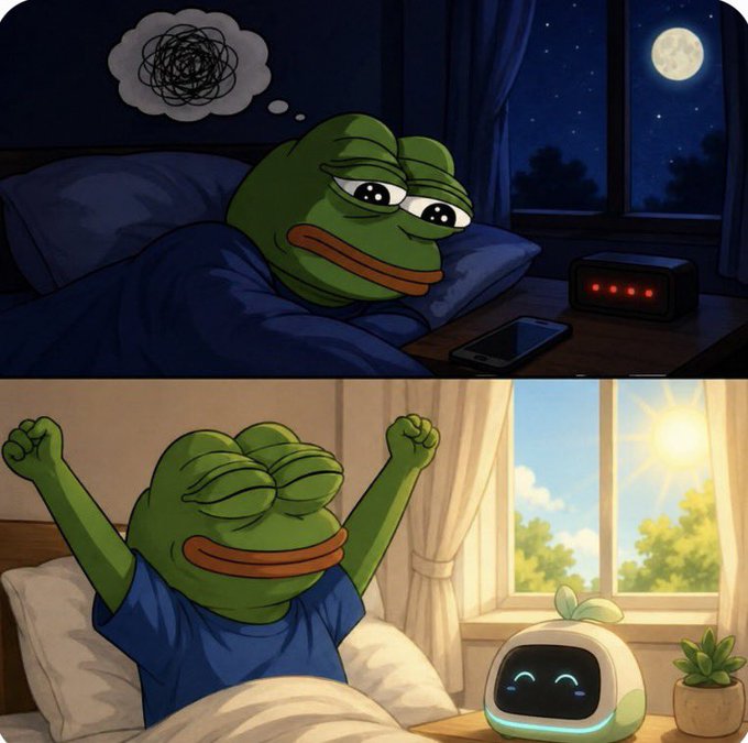 The image features a cartoon frog, which appears to be a character from the anime Sleep 2 Earn. The frog is depicted in two different scenes - one where it is sitting up in bed with its arms raised, and another scene showing the frog laying down on a pillow while looking sad or contemplative. This contrast between the happy and energetic pose of the frog in the first scene and the more subdued mood in the second scene adds depth to the image and highlights the character's emotional journey throughout the day.

The post about @sleepagotchi is related to this image because it references the anime Sleep 2 Earn, which features a character named @sleepagotchi who is an AI-driven wellness ecosystem designed to help people achieve better sleep. The post suggests that the character @sleepagotchi might be experiencing similar emotions as the frog in the image - both characters seem to be going through a day of contrasting moods and experiences, which could symbolize the importance of mental well-being alongside physical health.