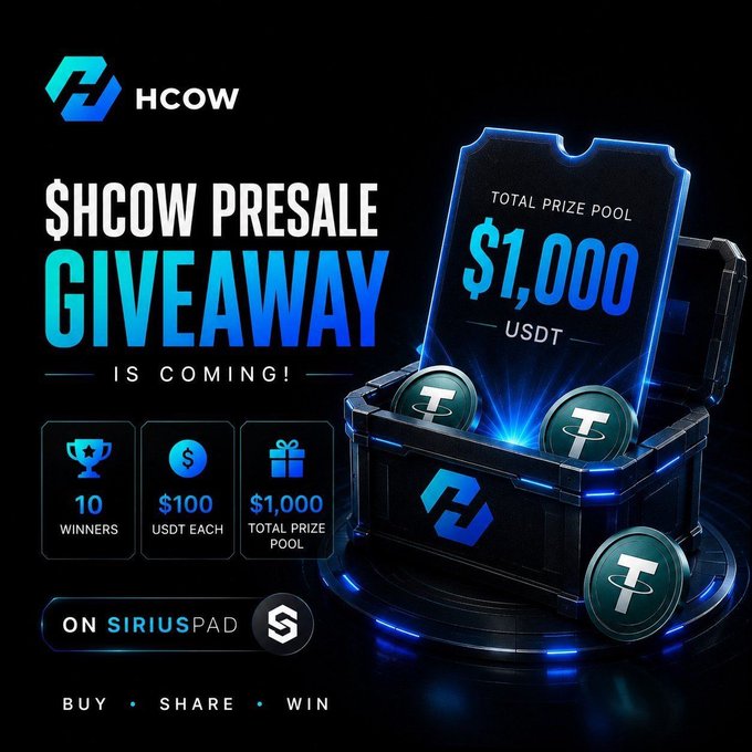 A promotional graphic for the HCOW Presale Giveaway on SiriusPad, featuring an open treasure chest displaying a "$1,000 USDT Total Prize Pool" alongside coins, with highlights of 10 winners receiving $100 USDT each, and the tagline "Buy • Share • Win."