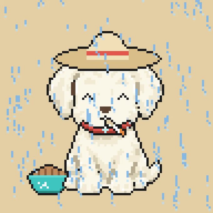 Pixel art illustration of a cute white fluffy dog wearing a straw hat with a red band and a red collar, sitting in the rain next to a blue food bowl.