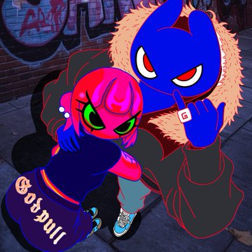 A stylized digital illustration of two graffiti-style characters, one blue with red eyes wearing a fur-lined hood, and a smaller pink character in a hoodie reading 'Godpul'.
