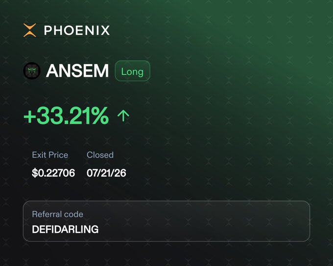 The image shows a Phoenix trading platform screenshot displaying a closed "+33.21%" Long position on $ANSEM with an exit price of $0.22706 dated 07/21/26, along with the referral code "DEFIDARLING." The positive return aligns with the post's claim of closing near the top, providing visual confirmation of the profitable trade before re-entering the position.