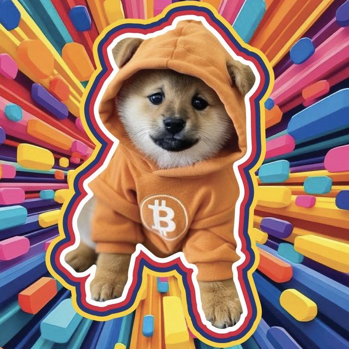 A Shiba Inu puppy wearing an orange hoodie with a Bitcoin 'B' logo, set against a colorful, abstract background of geometric shapes.