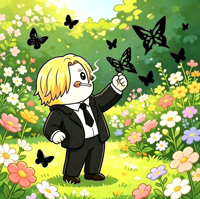 A cartoon illustration of a blonde character in a black suit with a cigarette in their mouth, reaching up as a butterfly lands on their finger in a field of flowers.