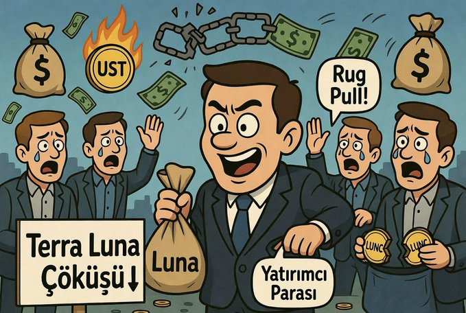 A cartoon illustration depicts the Terra Luna collapse, featuring a central smiling figure in a suit pulling the rug out from under crying investors holding LUNC coins and money bags, with burning "UST" tokens and broken chains overhead, alongside signs reading "Terra Luna Çöküşü" (Collapse) and "Yatırımcı Parası" (Investor Money).

The image relates to the post by visually representing the catastrophic failure of the Terra/LUNA ecosystem, highlighting the loss suffered by $LUNC investors.