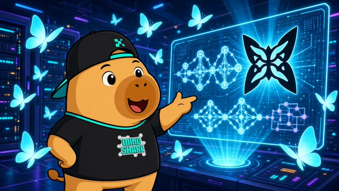 An animated capybara wearing a black "Mind Share" t-shirt and a backward baseball cap points toward a glowing blue holographic screen displaying neural network patterns and butterflies.