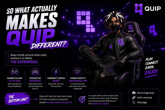A dark purple promotional banner asks 'SO WHAT ACTUALLY MAKES QUIP DIFFERENT?' highlighting gaming culture, interactive experiences, and community-driven energy for the project QUIP.