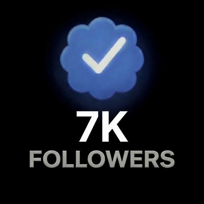 A blue flower-shaped verification badge with a white checkmark and the text '7K FOLLOWERS' on a black background.