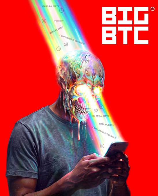 A promotional graphic for 'BIG BTC' shows a figure with a colorful, liquid skull holding a smartphone, with rays of light displaying text like 'MOIST BILL COSTS', 'PRODCOMF', 'REALPILLESS', and 'COMPLIANCE IS DEFRIEND' against a bright red background.