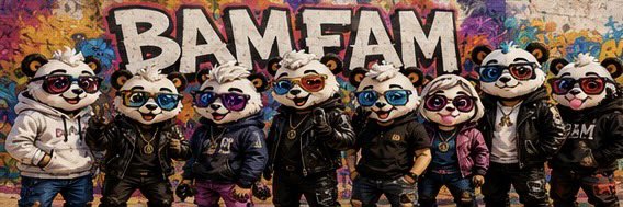 A colorful 'BAM FAM' street art-style illustration depicting a lineup of cool cartoon pandas wearing sunglasses, hoodies, and jackets.