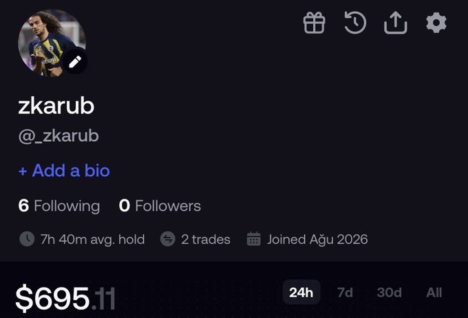 A profile screenshot of a social media or trading account named 'zkarub' (@_zkarub) with no bio, showing 6 Following, 0 Followers, a portfolio value of $695.11, and noting they joined in 'Ağu 2026'.
