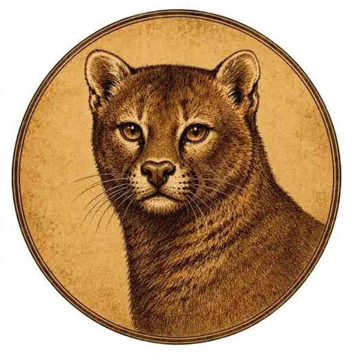 A sepia-toned illustration of a cougar's portrait enclosed within a circular border.