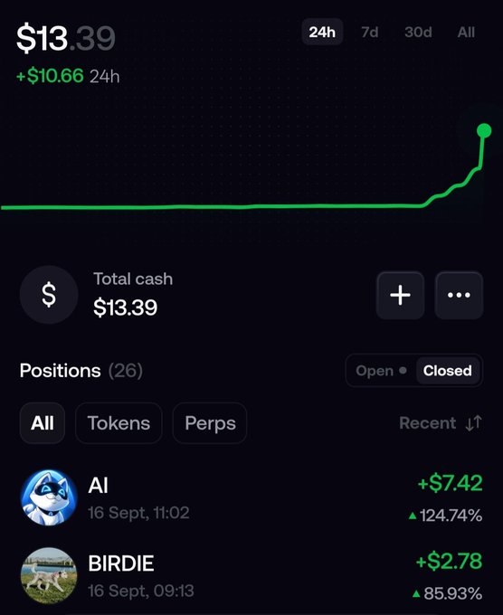 Trading portfolio screen showing $13.39 total cash (up $10.66 in 24h) with a rising green chart, listing 26 closed positions including 'AI' (+$7.42, 124.74%) and 'BIRDIE' (+$2.78, 85.93%).