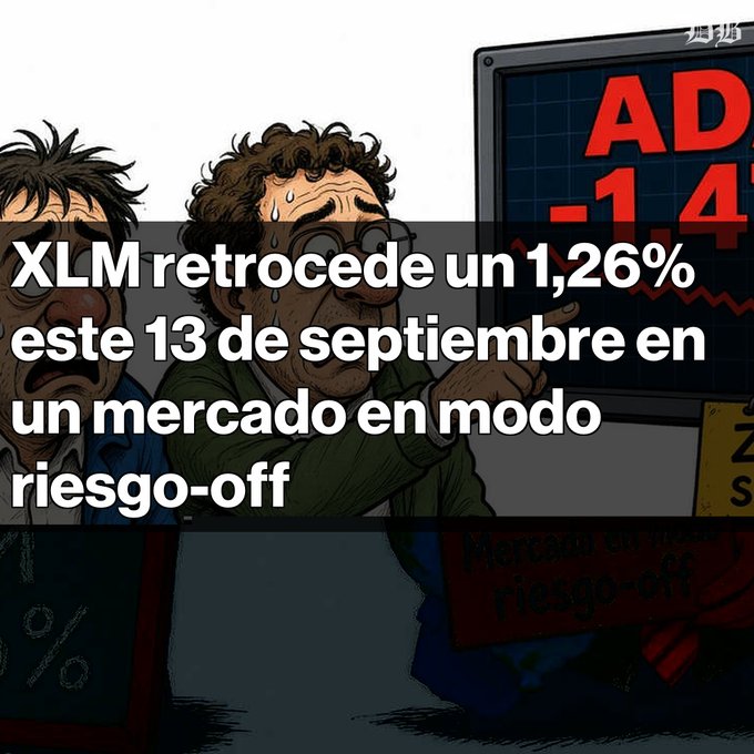 An illustrated graphic showing distressed investors with Spanish text: 'XLM retrocede un 1,26% este 13 de septiembre en un mercado en modo riesgo-off.'