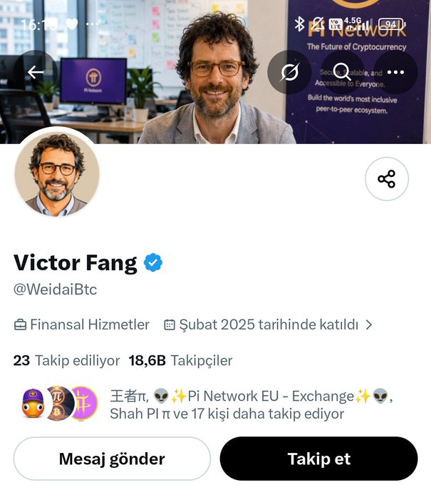 A Turkish-language Twitter/X profile screenshot for 'Victor Fang' (@WeidaiBtc), showing a man in a suit and glasses, listed as a Financial Services account that joined in February 2025 with 23 following and 18.6B followers.