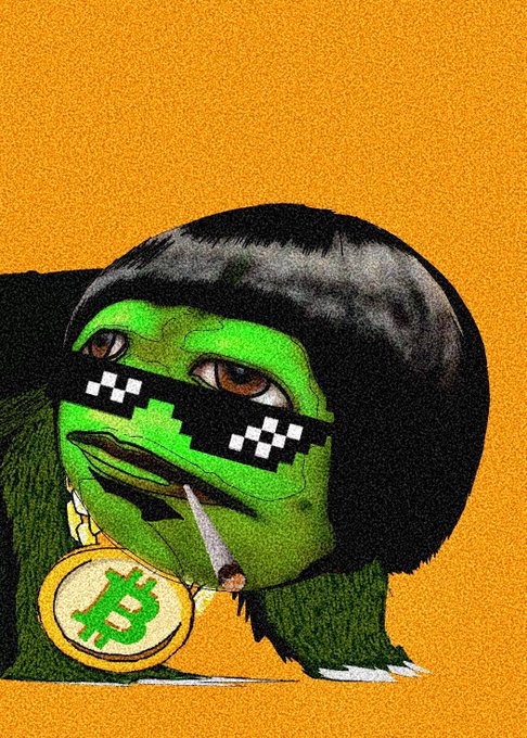 A Pepe the Frog meme illustration depicting the character wearing pixelated thug-life sunglasses, with a bob haircut, a gold Bitcoin chain, and a cigarette.