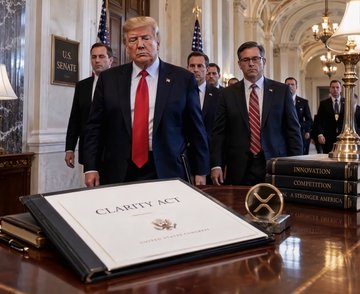 Donald Trump stands beside other officials at a desk displaying a signed "CLARITY ACT" document and a "U.S. SENATE" plaque, an image the post uses to symbolize the imminent Senate "Clarity" event that the author claims will trigger an altcoin and memecoin bull run.