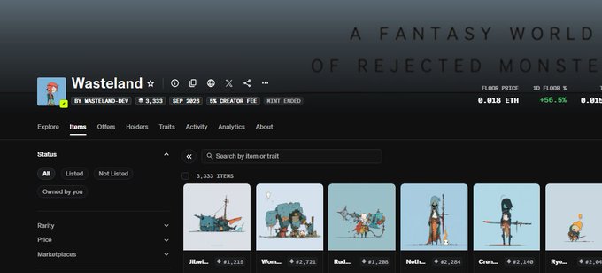 A screenshot of an NFT marketplace for the 'Wasteland' collection by Wasteland-Dev, showing 'A FANTASY WORLD OF REJECTED MONSTERS' with floor price of 0.018 ETH and various monster character thumbnails.