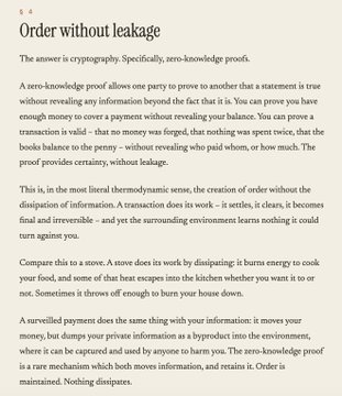 The image shows a page from a book titled "Order without leakage," discussing zero-knowledge proofs as a thermodynamically efficient way to transfer payment validity without revealing information—directly supporting the post's claim about Zcash enabling private money transactions that preserve order without leaking data to the surrounding environment.