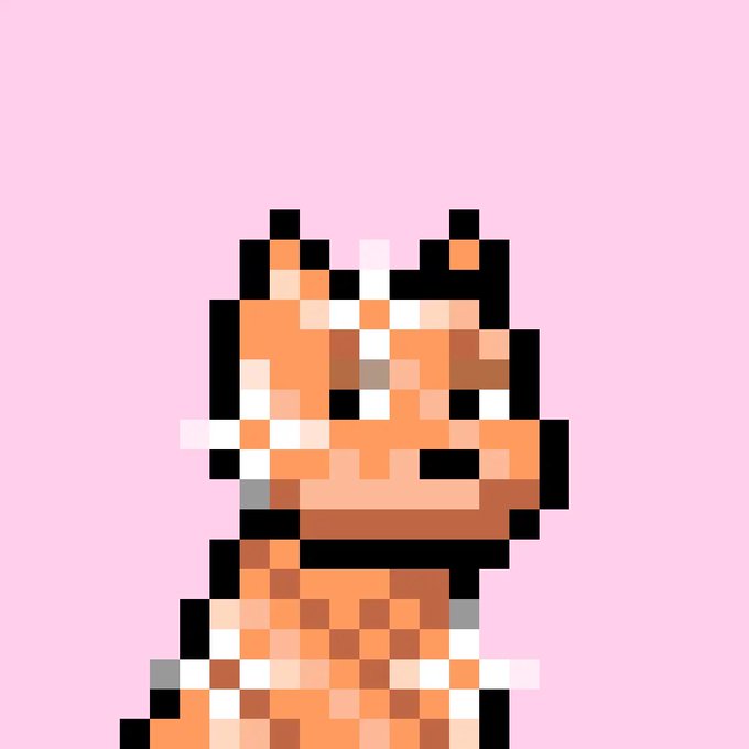 A pixel art illustration of an orange and black cat with white markings on a pink background.