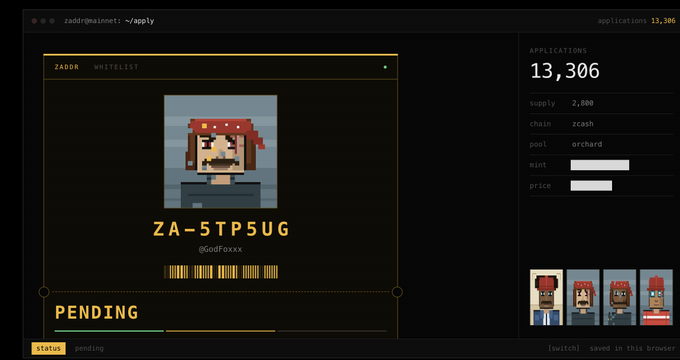 A pixel art cryptocurrency application page showing a 'ZADOR WHITELIST' character with the code 'ZA-5TP5UG', status 'PENDING', and 13,306 applications.