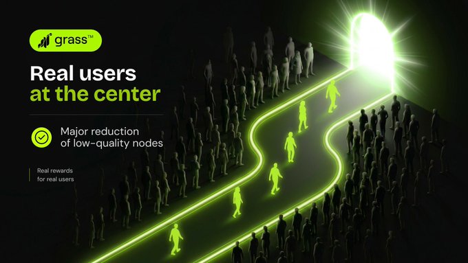 Grass promotional graphic with green neon styling titled 'Real users at the center,' highlighting 'Major reduction of low-quality nodes' and 'Real rewards for real users.'