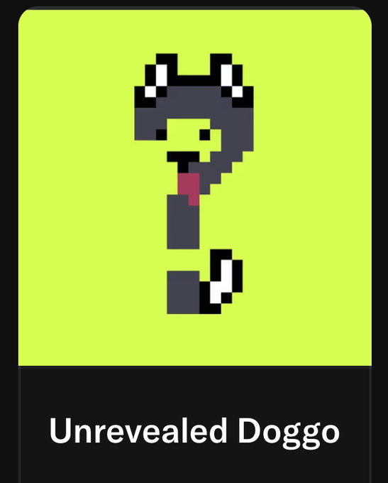 A pixelated, question mark-shaped dog character in gray, white, and pink on a bright lime-green background sits above the text "Unrevealed Doggo" on a black panel, matching the playful "WOof wOoF Hoo Dis?! Mint me Hooman!" tone of the promotional post for an unrevealed NFT collection.