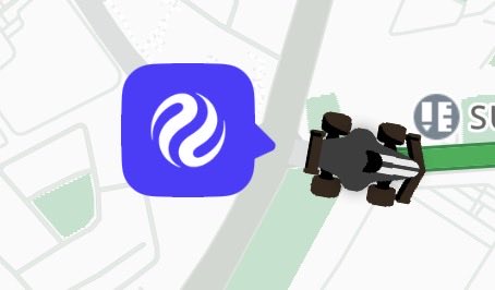 A map view showing a stylized car icon and a blue location pin with a white wavy logo, with 'LE SU' text visible on the map.