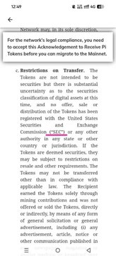 The image shows a mobile screenshot of a message from the Pi Network app displaying restrictions on token transfers, explaining that tokens cannot be sold or exchanged due to classification as a digital commodity by the SEC, with a note requiring acknowledgment to access the Mainnet.