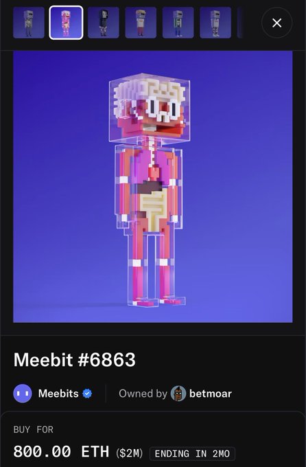 An OpenSea listing for a 'Meebit #6863' pixel art character with skeletal features, priced at 800.00 ETH ($2M), owned by betmoar.