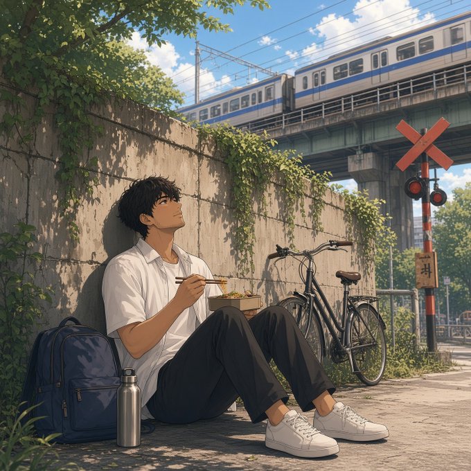 An anime-style illustration of a young man with dark hair sitting on the ground eating from a bento box next to a bicycle, with a passing train on an elevated track above him.