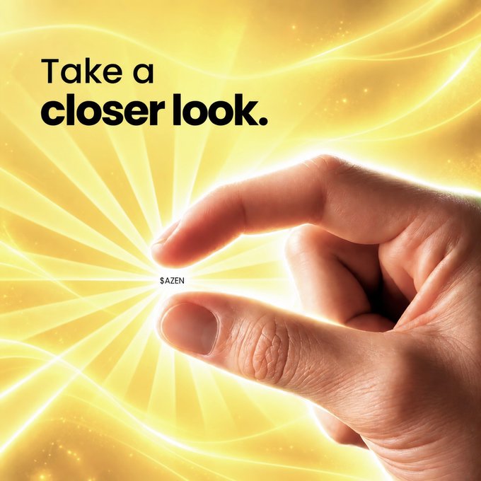 A promotional advertisement with the text 'Take a closer look.' showing a hand pinching a small object labeled '$AZEN' against a glowing golden background.