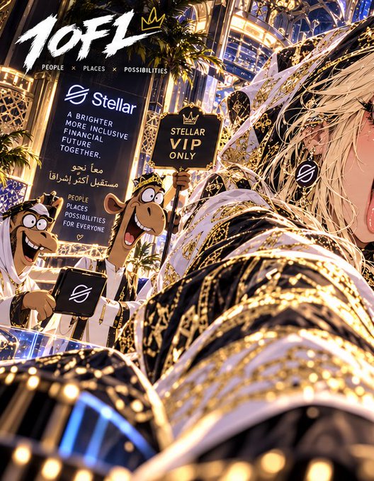 A promotional poster for '1OFL' (People x Places x Possibilities) featuring Stellar cryptocurrency branding, a 'Stellar VIP Only' sign, and characters holding bags with the Stellar logo against a luxurious gold-themed background.