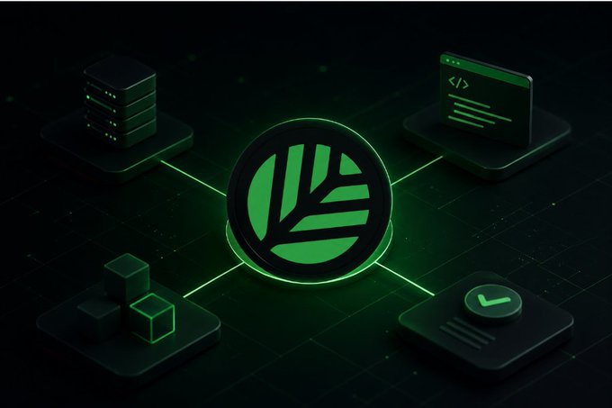 A glowing green CNPY (Canopy Network) logo sits at the center of a network of interconnected nodes, including server stacks, code windows, and blockchain blocks, visually representing the integration of AI and blockchain infrastructure. The imagery aligns with the post's message about embedding intelligence directly into application architecture rather than treating AI as a surface-layer addition.