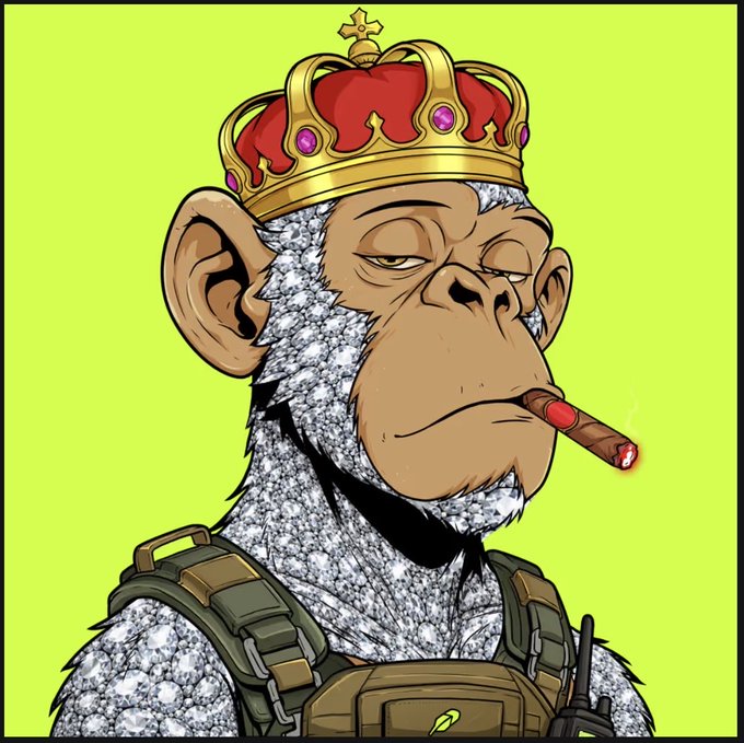 Cartoon-style illustration of a diamond-encrusted monkey wearing a red and gold crown, smoking a lit cigar, and dressed in a tactical vest against a bright green background.