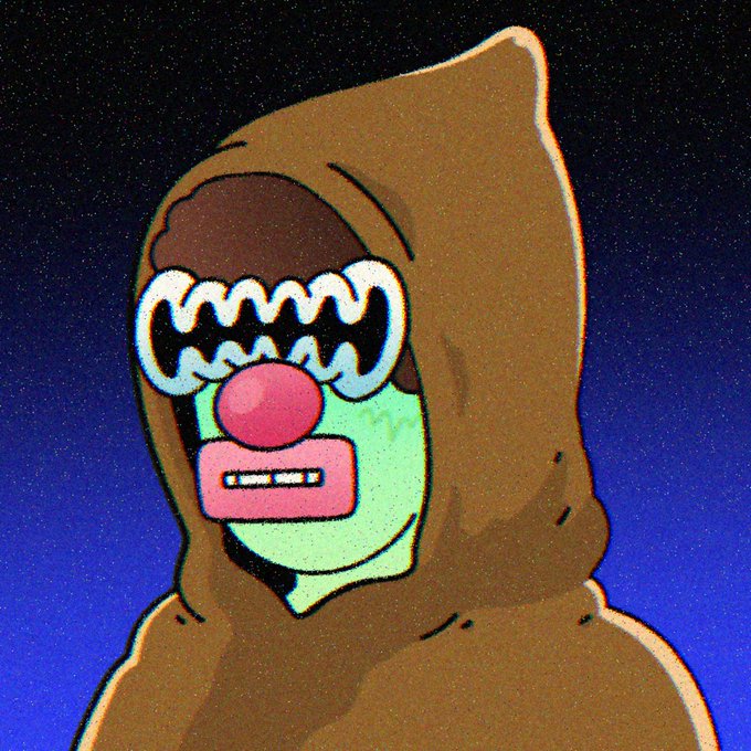 A cartoon-style character wearing a brown hood reveals a green face with a red clown nose and a wide, toothy grin against a dark blue background.