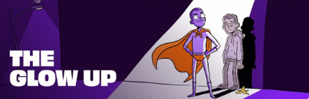 A bold "THE GLOW UP" graphic showing a confident superhero-style character in a cape standing beside a plain figure, illustrating a transformation from self-doubt to self-assurance—mirroring the post's journey from overthinking to confidently sharing lessons learned on @RallyOnChain.