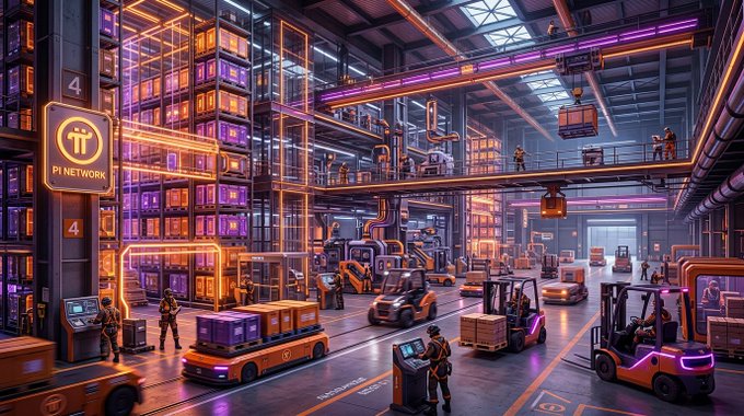 A vibrant, cyberpunk-style illustration of a 'PI NETWORK' warehouse or factory with neon lights, automated forklifts, robotic workers, and storage racks in purple and orange tones.