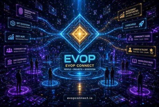 Futuristic digital promotional graphic for 'EVOP CONNECT' featuring the logo 'evopconnect.io' and surrounding ecosystem categories like 'DeFi', 'NFT', 'DAO Governance', and 'COMMUNITY HUBS'.