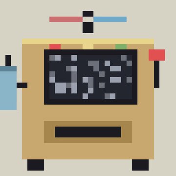 A pixel art illustration of a yellow machine with a glitchy screen displaying random blocks, red and green indicator lights, and an antenna on top.