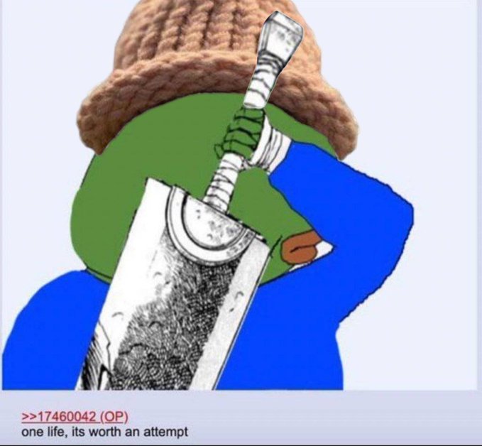 The image is a popular "Wojak" meme known as the "Brave Wojak," featuring a drawing of a hooded figure holding a sword, with the caption ">>17460042 (OP) one life, its worth an attempt" at the bottom. This ties to the post "$wif us" by symbolizing the determination to take a risk on the $WIF token despite the volatile nature of memecoins, much like the brave warrior facing a daunting battle.