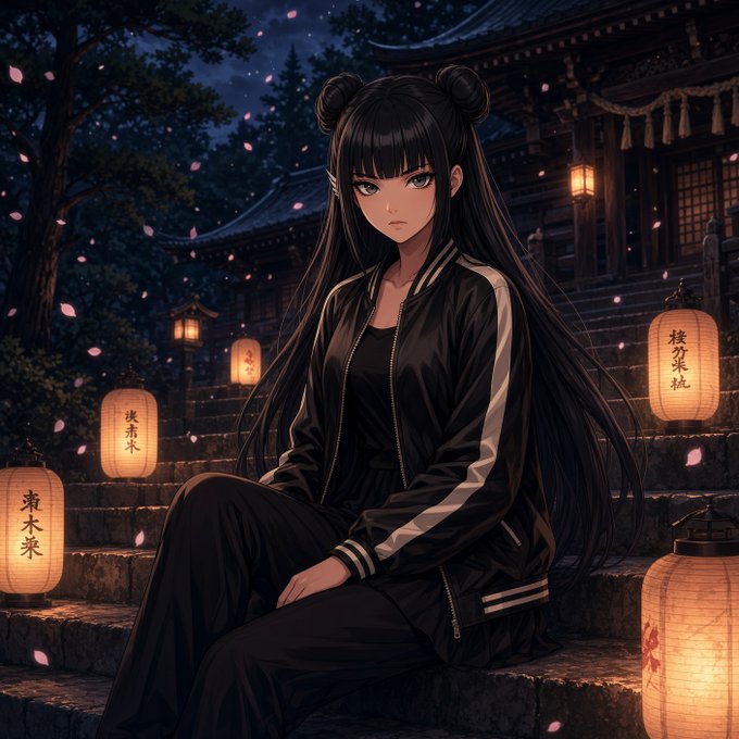 An anime-style illustration features a serious young woman with long black hair styled in double buns, sitting on stone steps at night surrounded by glowing Japanese lanterns and falling cherry blossom petals.