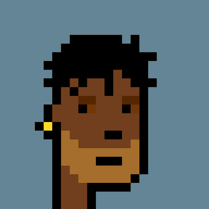 A pixel art portrait of a person with dark brown skin, short dark hair, and a yellow earring, set against a solid blue background.