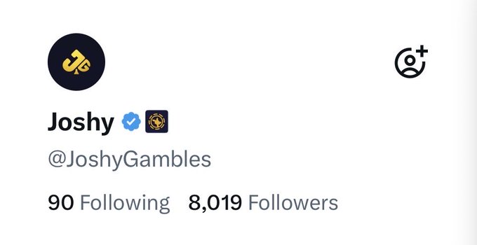A screenshot of Joshy's (@JoshyGambles) social media profile showing 8,019 followers and 90 following accounts, accompanying a celebratory post thanking followers for reaching 8,000 and requesting they drop their $SOL addresses.
