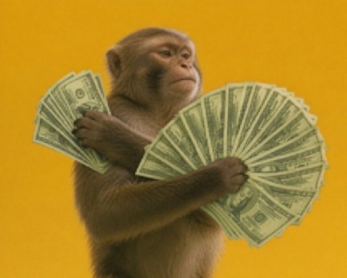 A monkey fanning out two large wads of U.S. dollar bills against a bright yellow background, symbolizing the cash prize being offered in the $3333 crypto giveaway promo.