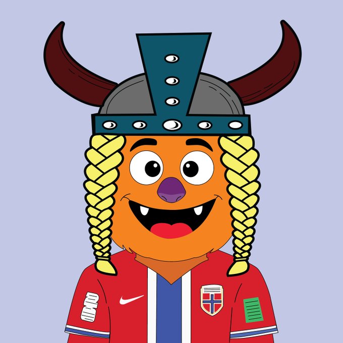 A cartoon orange furry mascot with blonde braids, wearing a viking helmet with horns and a red Norway national team soccer jersey.