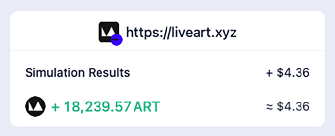 This image shows a simulation of the LiveArt airdrop results, with a total of 18,239.57 ART tokens valued at approximately $4.36. The image displays the website https://liveart.xyz, which is the platform for claiming the airdrop.